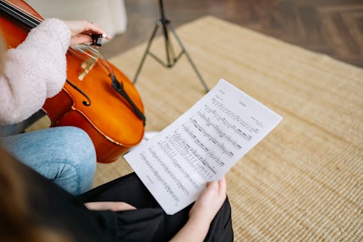 Detailed close-up of hands playing cello and holding music sheet during a lesson.